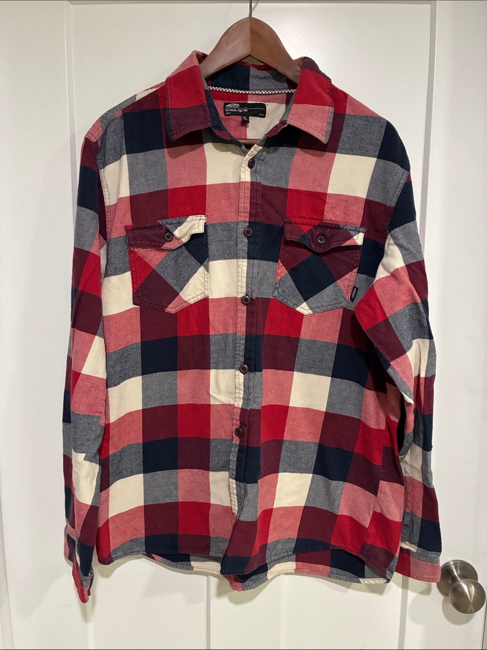 Vans Red Navy and Cream Plaid Button-Down Shirt